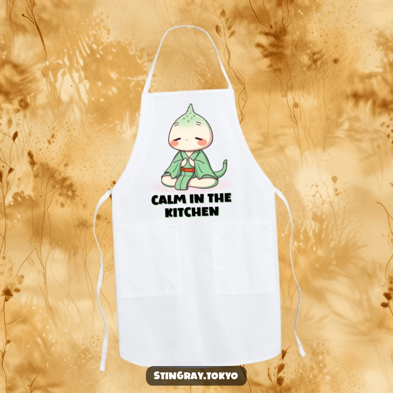 Funny stingray apron designed with a serene sea creature in a green kimono meditating peacefully, making kitchen tasks more calming.