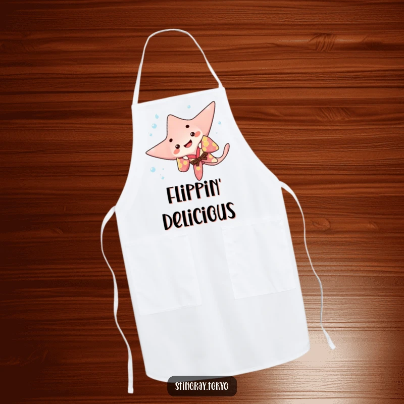 Funny stingray apron designed with a playful sea creature in a colorful kimono doing a happy flip underwater, making cooking more amusing.