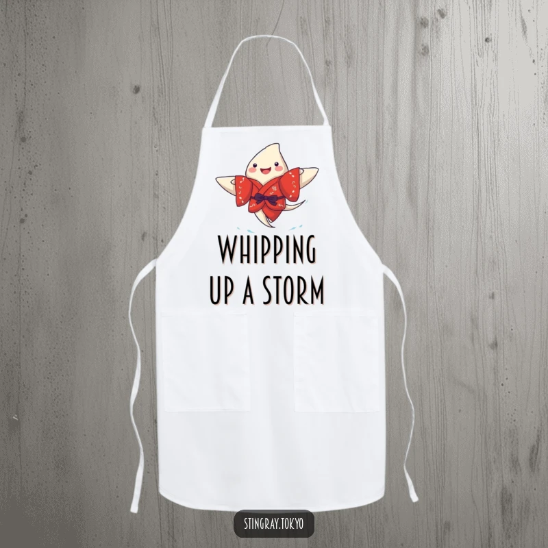 Funny stingray apron featuring a joyful sea creature wearing a red kimono, happily paddling, making kitchen tasks more amusing.