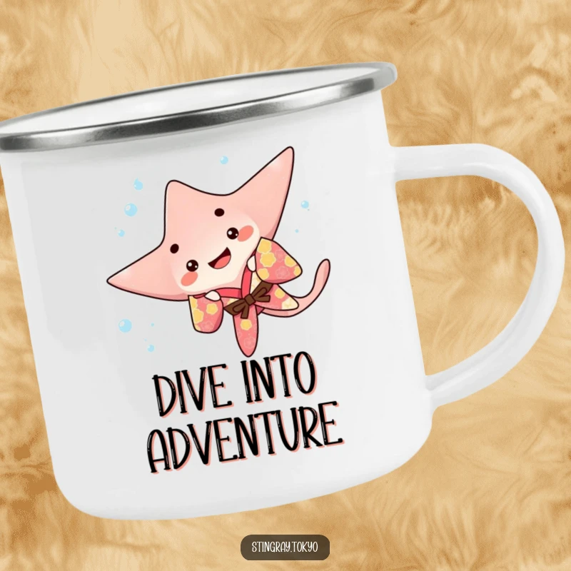 Funny stingray camping mug featuring a playful sea creature in a colorful kimono doing a happy underwater flip, perfect for outdoor drinks.