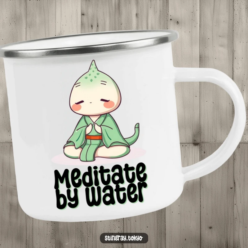 Funny stingray camping mug featuring a serene sea creature in a green kimono meditating peacefully underwater, perfect for tranquil outdoor drinks.