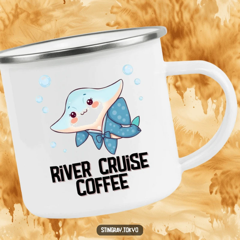 Funny camping mug with a stingray in a blue kimono gliding through water bubbles, perfect for outdoor enjoyment.