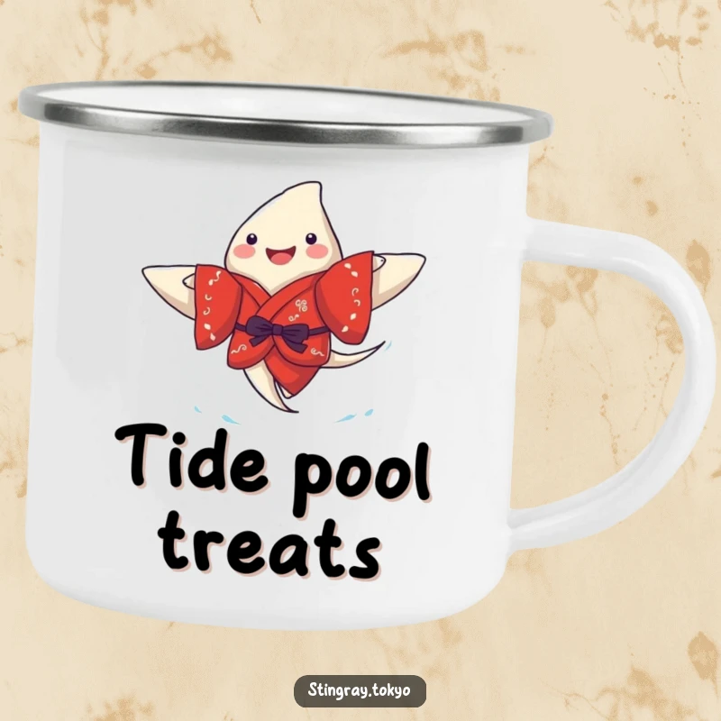 Funny stingray camping mug featuring a joyful sea creature in a red kimono, paddling merrily, ideal for outdoor beverages with ocean flair.