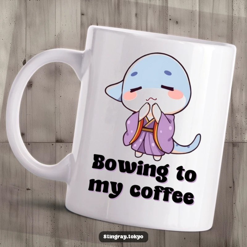 Funny stingray in a purple kimono with eyes closed performing a gentle bow, serene and funny gift.