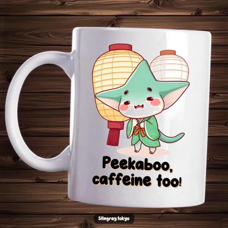 Funny stingray in a green kimono peeking playfully from behind a big paper lantern, ideal for whimsical gift seekers.