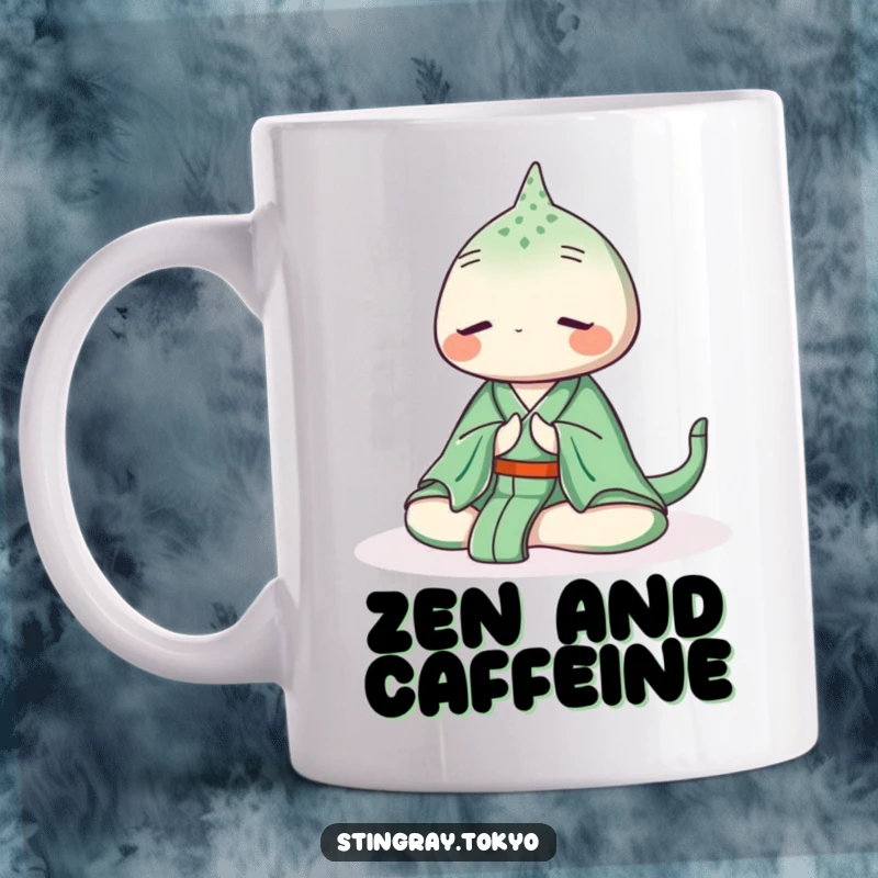 Funny stingray mug featuring a serene sea creature in a green kimono meditating peacefully underwater, radiating calm vibes.
