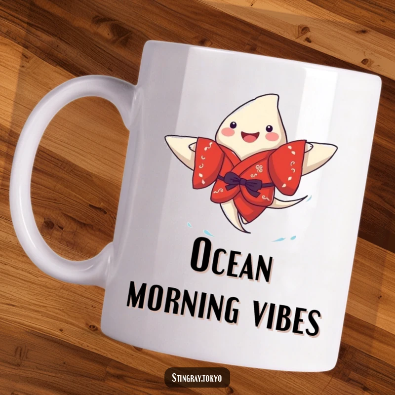 Funny stingray mug featuring a joyful sea creature in a vibrant red kimono, happily paddling through the water with a cheerful expression.