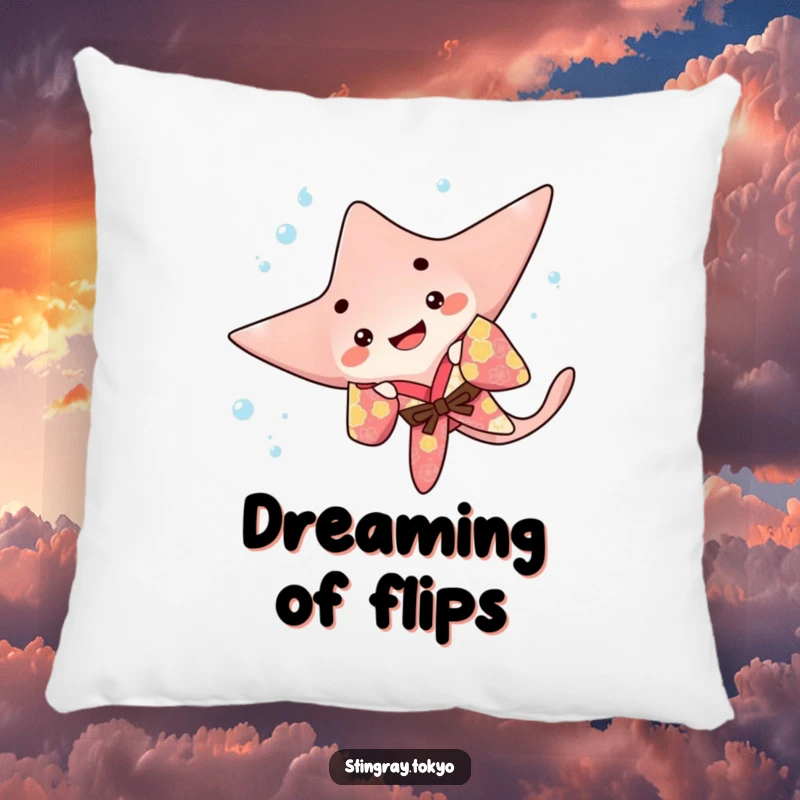 Funny stingray pillow featuring a playful sea creature in a colorful kimono doing a happy flip underwater, ideal for soft, humorous decor.