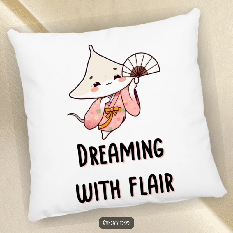 Funny pillow with a stingray in a floral kimono gracefully spinning a fan, adding comfort and artistic charm.