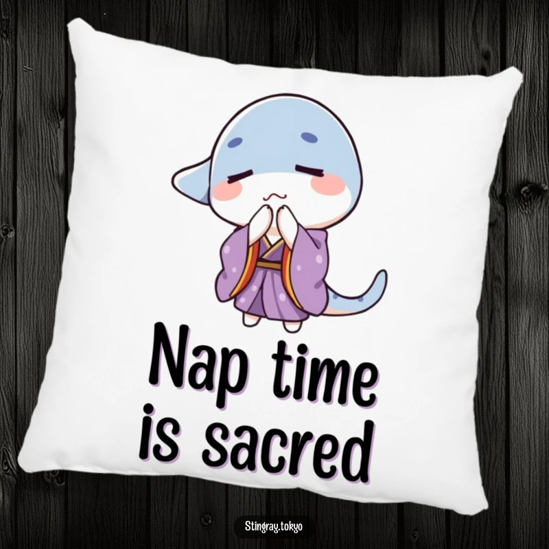 Funny stingray in a purple kimono with eyes closed bowing gently, serene funny gift pillow.