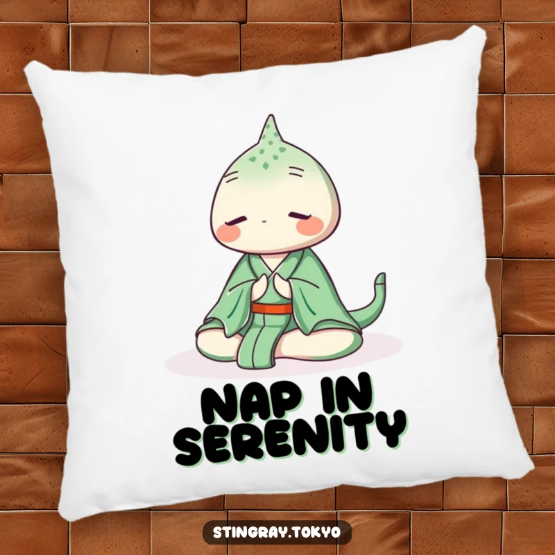 Funny stingray pillow featuring a serene sea creature in a green kimono meditating peacefully underwater, ideal for soft, tranquil decor.