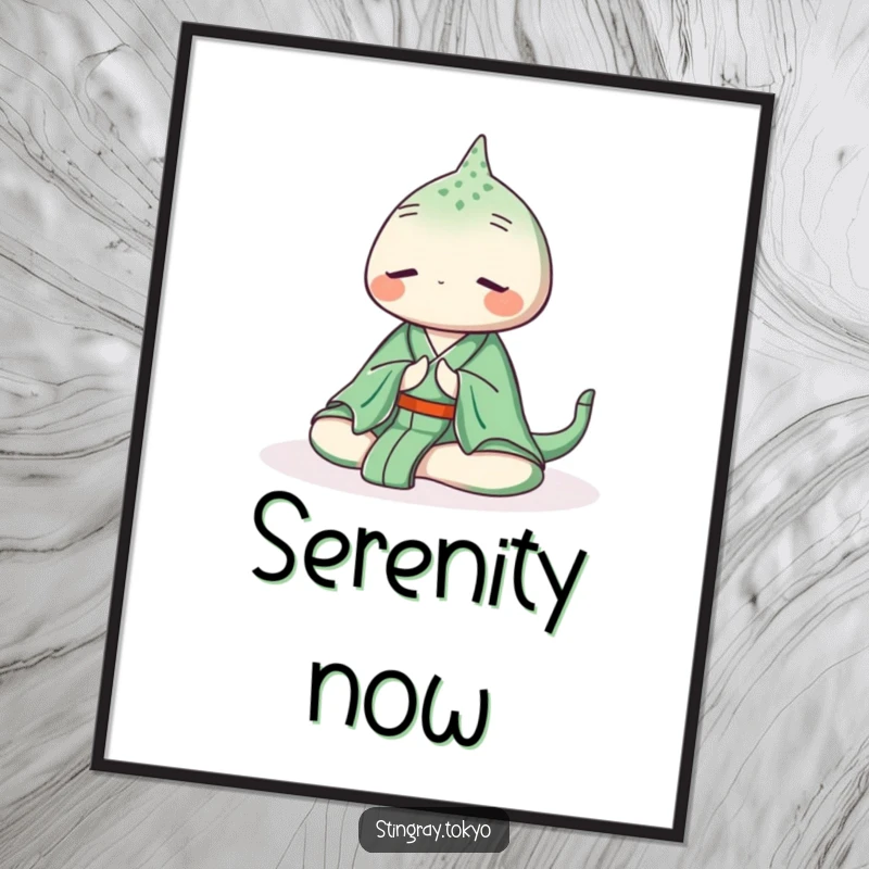 Funny stingray digital art print of a serene sea creature in a green kimono meditating peacefully underwater, offering instant tranquil decor.