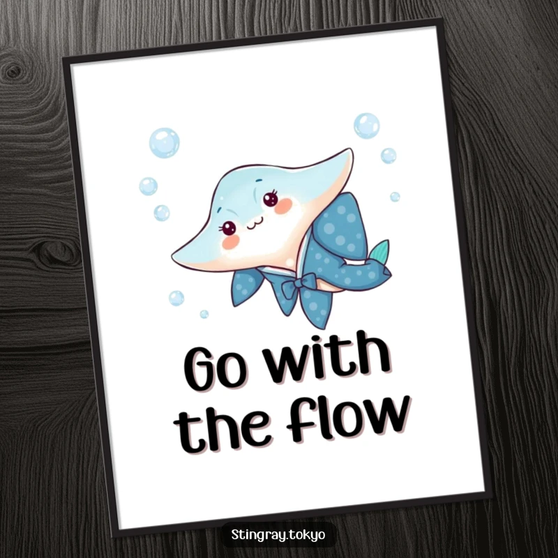 Funny digital art print of a stingray in a blue kimono playfully gliding through water bubbles, elegant and serene.