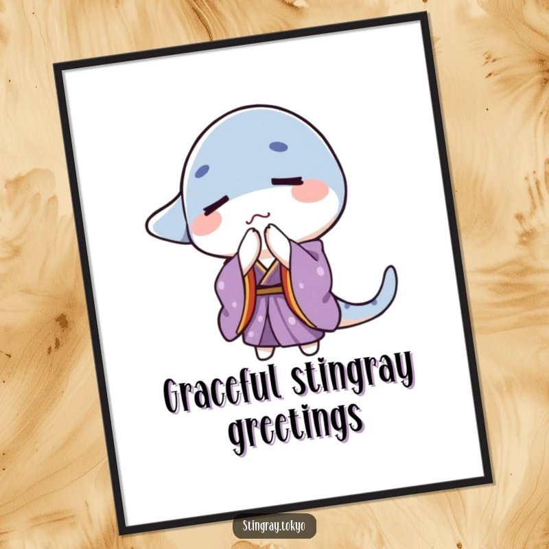 Funny stingray in a purple kimono with eyes closed performing a gentle bow, instant funny zen art.