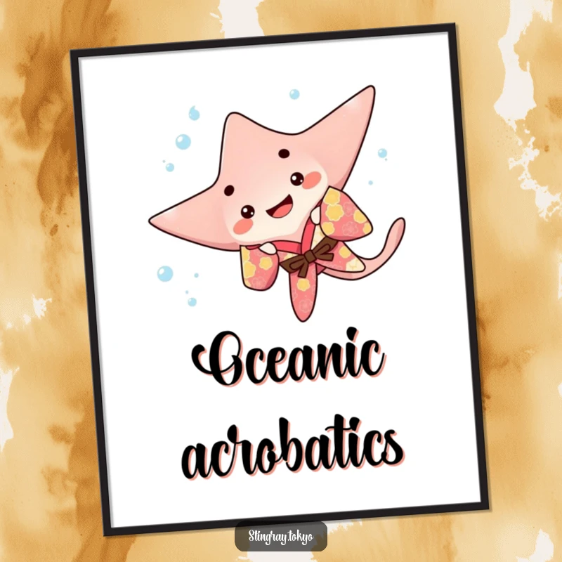 Funny stingray digital art print of a playful sea creature in a colorful kimono doing a happy underwater flip, offering instant dynamic decor.