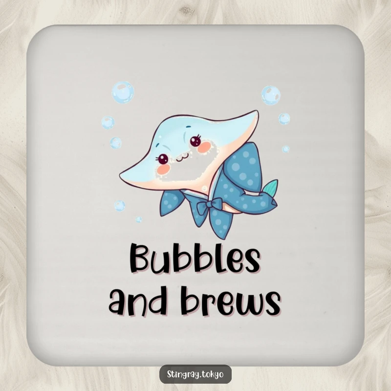 Funny drink coaster with a stingray in a blue kimono gliding through water bubbles, protecting surfaces with style.