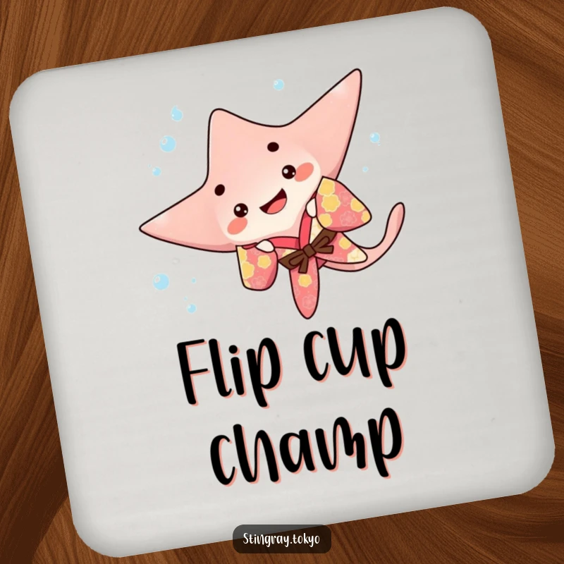 Funny stingray drink coaster featuring a playful sea creature in a colorful kimono doing a happy underwater flip, adding dynamic marine charm.
