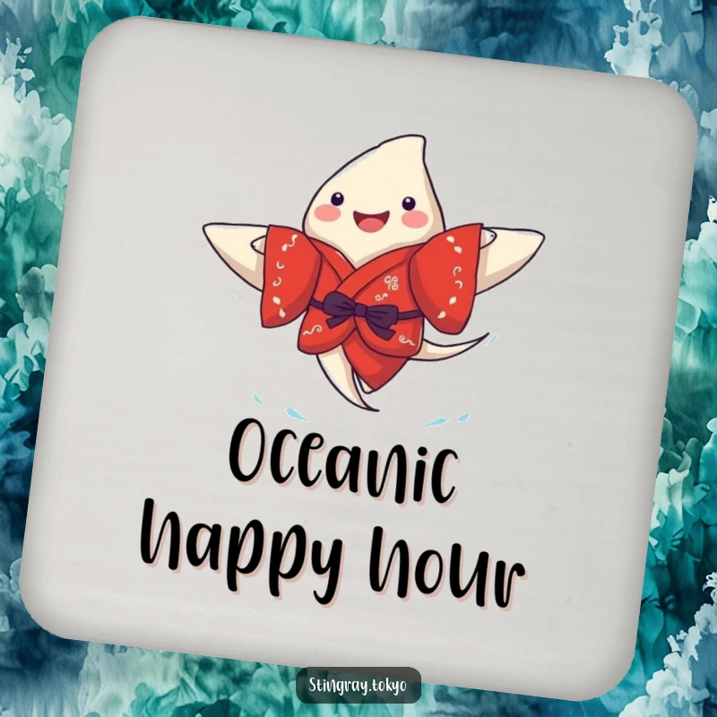 Funny stingray drink coaster featuring a joyful sea creature in a red kimono, happily paddling, adding marine charm to tabletops.