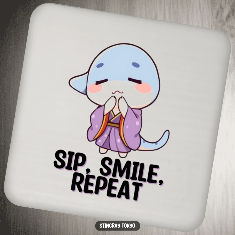 Funny stingray wearing a purple kimono with eyes closed bowing gently, lovely funny gift set.