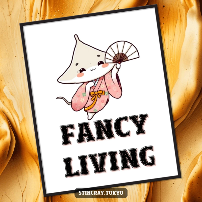 Funny poster of a stingray in a floral kimono gracefully spinning a fan, elegant and artistic ocean-themed art.