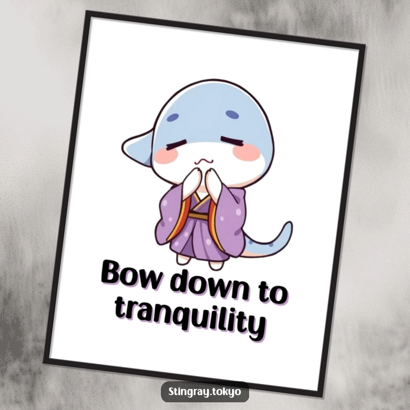 Funny stingray in a purple kimono with eyes closed performing a gentle bow, peaceful funny gift art.