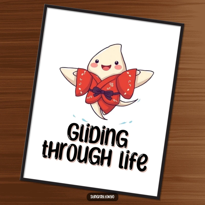 Funny stingray poster print of a joyful sea creature wearing a red kimono, paddling contentedly, adding whimsical underwater art to walls.