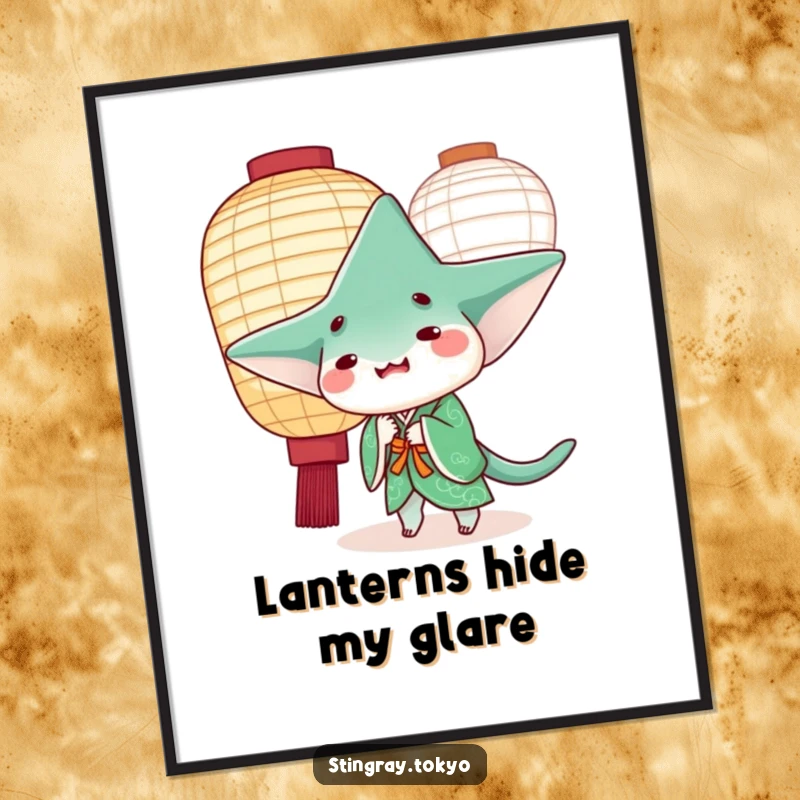 Funny stingray in a green kimono peeking playfully from behind a large paper lantern, whimsical funny gift decor.