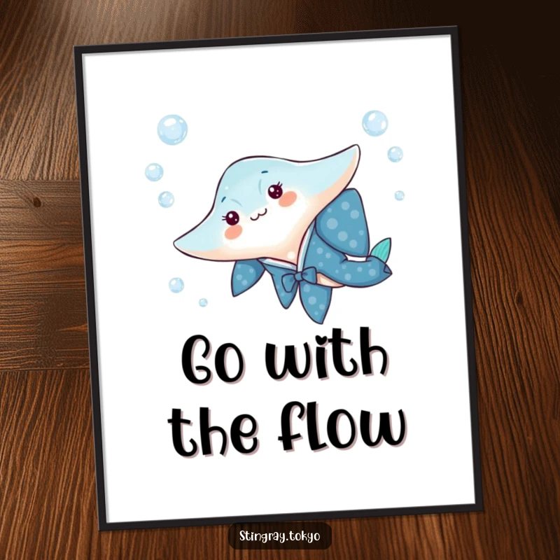 Funny poster of a stingray in a vibrant blue kimono playfully gliding through clear water bubbles, elegant sea art.