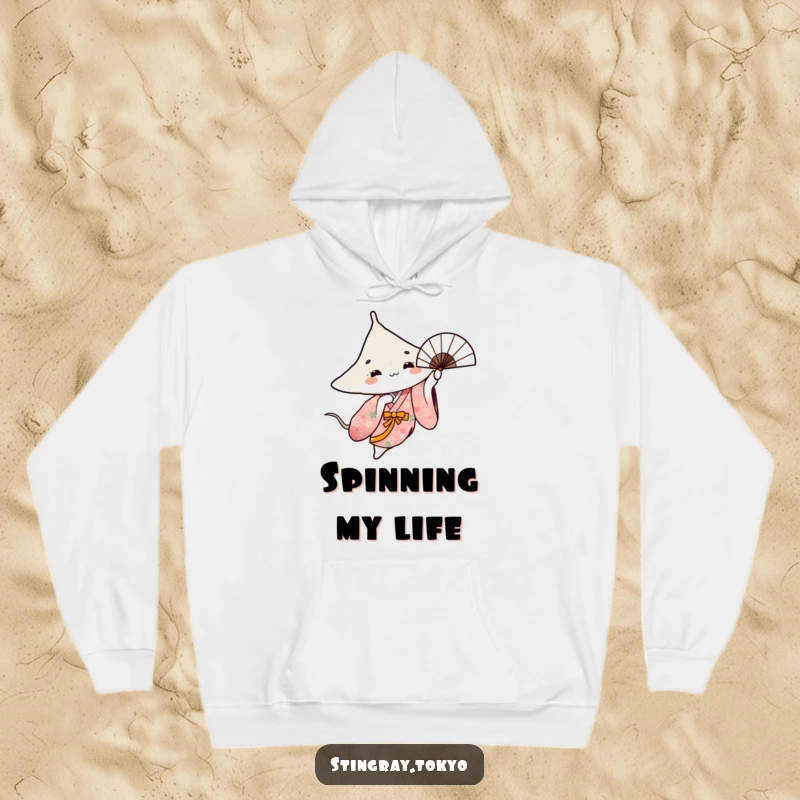 Funny hoodie with a stingray in a floral kimono gracefully spinning a fan, artistic and comfortable.