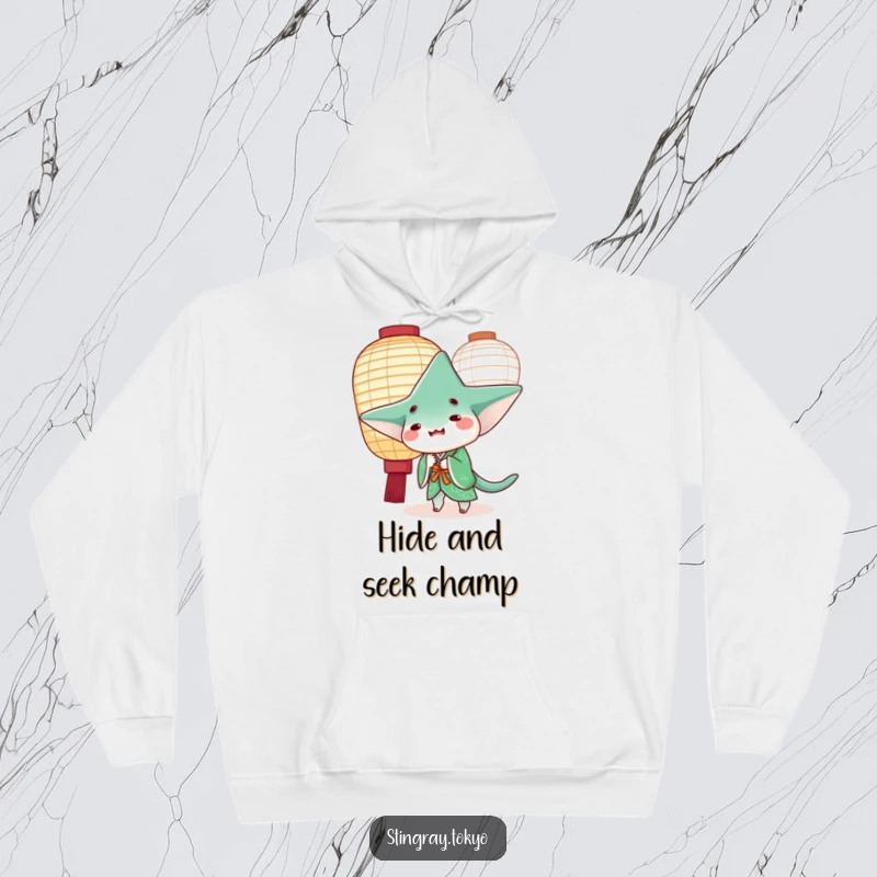 Funny stingray in a green kimono playfully peeking from behind a paper lantern, perfect cozy funny gift.