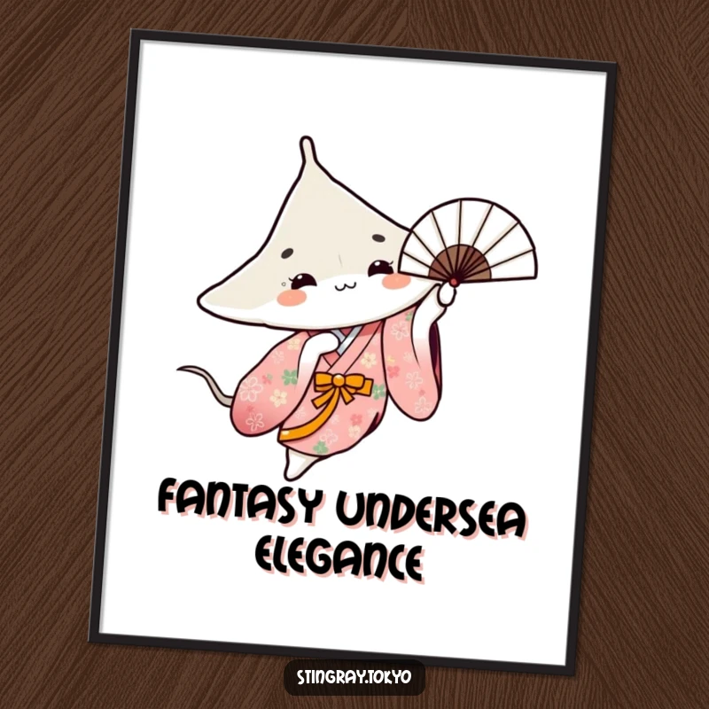 Funny Free Printable Wall Art: A stingray in a floral kimono gracefully spins a fan, creating a scene of artistic beauty.