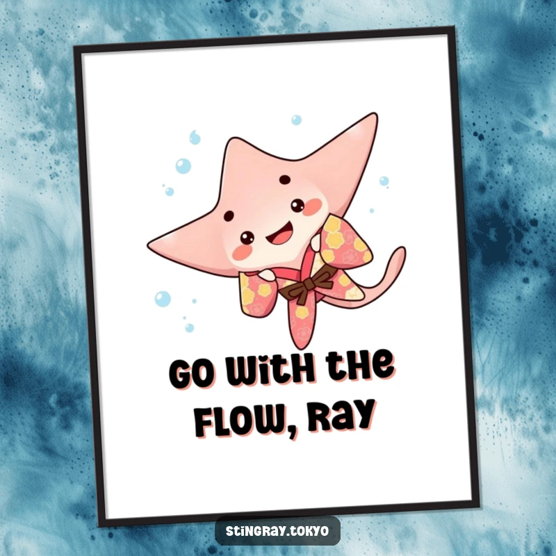 Funny Free Printable Wall Art: A stingray in a colorful kimono playfully flips underwater, full of aquatic joy.