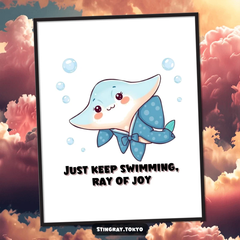 Funny Free Printable Wall Art: A stingray adorned in a blue kimono elegantly glides through shimmering water bubbles.