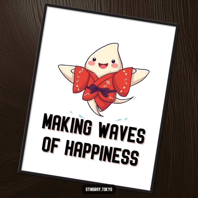 Funny Free Printable Wall Art: A joyful stingray sporting a red kimono paddles merrily underwater, full of personality.