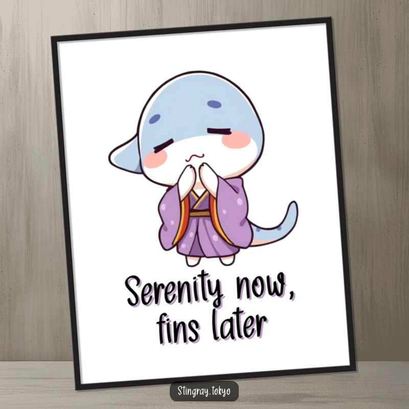 Funny Free Printable Wall Art: A stingray in a purple kimono bows with eyes closed, exuding calm and quirky charm.