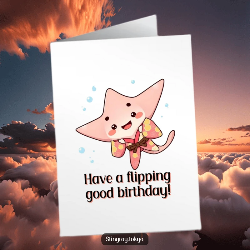 Funny Free Printable Birthday Card: A playful stingray in a colorful kimono performs a happy underwater flip.