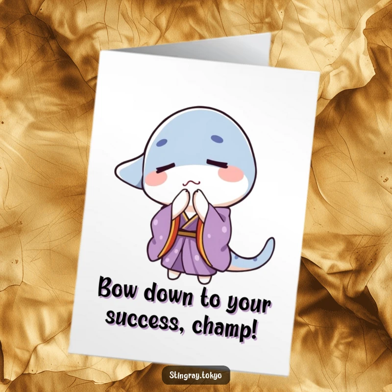Funny Free Printable Congrats Card: A stingray in a purple kimono bows gently with eyes closed, celebrating achievements with grace.