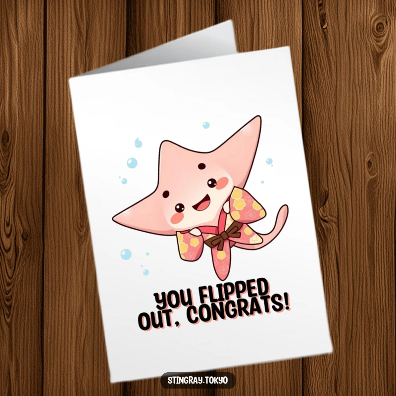 Funny Free Printable Congratulations Card: A stingray in a vibrant kimono does a joyous flip underwater, celebrating your win.