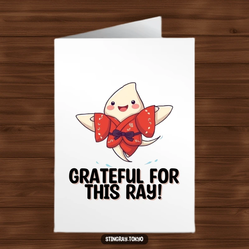 Funny Free Printable Thank You Card: A smiling stingray in a red kimono glides gracefully, conveying thanks.