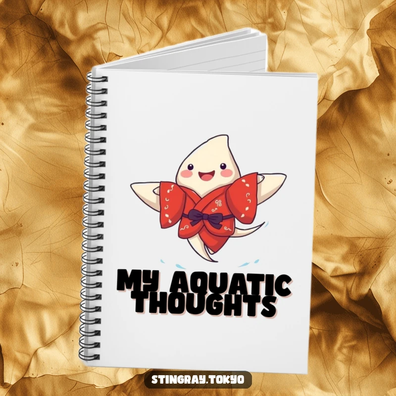 Funny stingray notebook showcasing a joyful sea creature in a red kimono, paddling merrily, perfect for writing and sketching with marine charm.