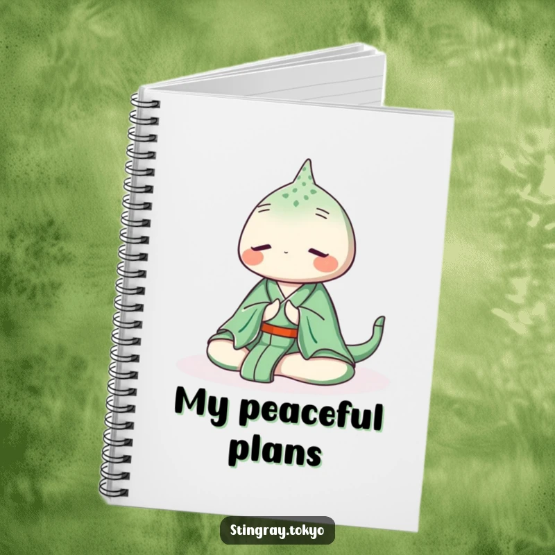 Funny stingray notebook showcasing a serene sea creature in a green kimono meditating peacefully underwater, ideal for writing with mindfulness.