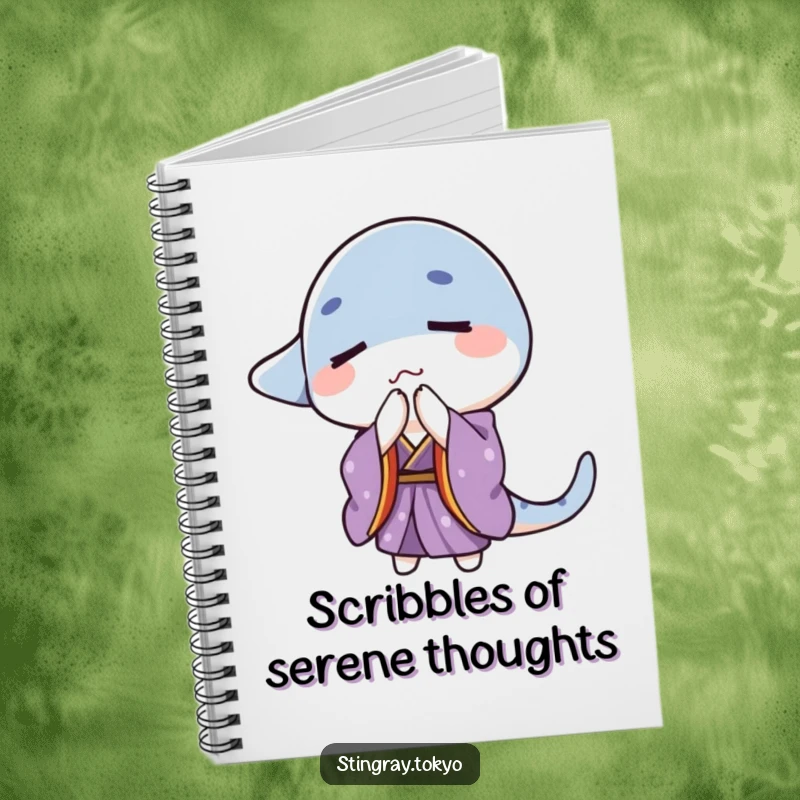 Funny stingray in a purple kimono with eyes closed bowing gently, perfect funny gift for journaling.