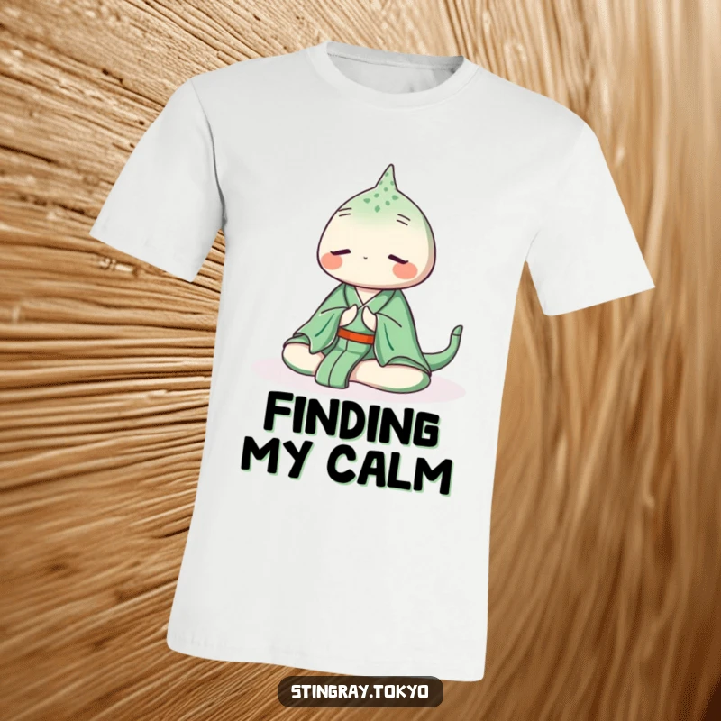 Funny stingray t-shirt depicting a serene sea creature in a green kimono meditating peacefully underwater, perfect for relaxation and calm vibes.