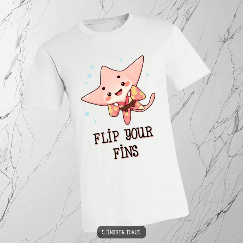 Funny stingray t-shirt depicting a playful sea creature in a colorful kimono doing a happy flip underwater, showcasing dynamic marine life.