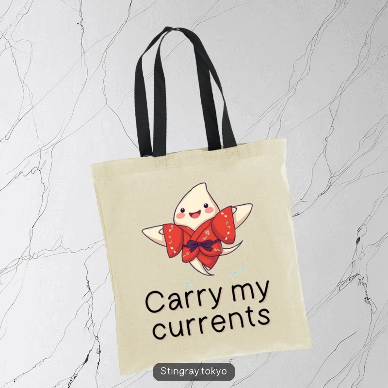 Funny stingray tote bag featuring a joyful sea creature in a red kimono, happily paddling, ideal for carrying items with marine flair.