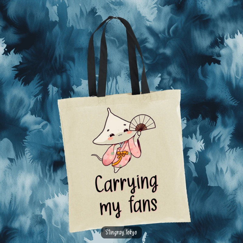 Funny tote bag with a stingray in a floral kimono gracefully spinning a fan, perfect for carrying items.