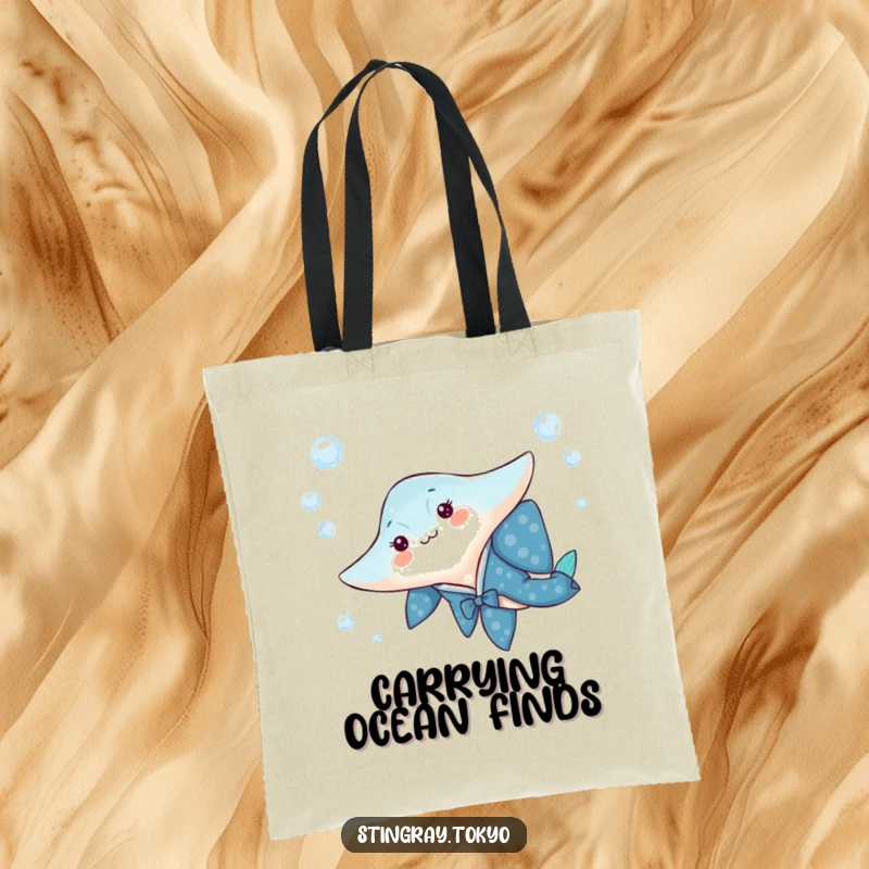 Funny tote bag with a stingray in a blue kimono gliding through water bubbles, perfect for carrying items.