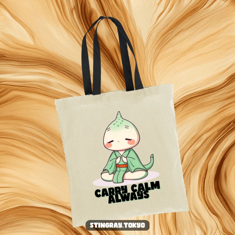 Funny stingray tote bag showing a serene sea creature in a green kimono meditating peacefully underwater, ideal for carrying items with calm.